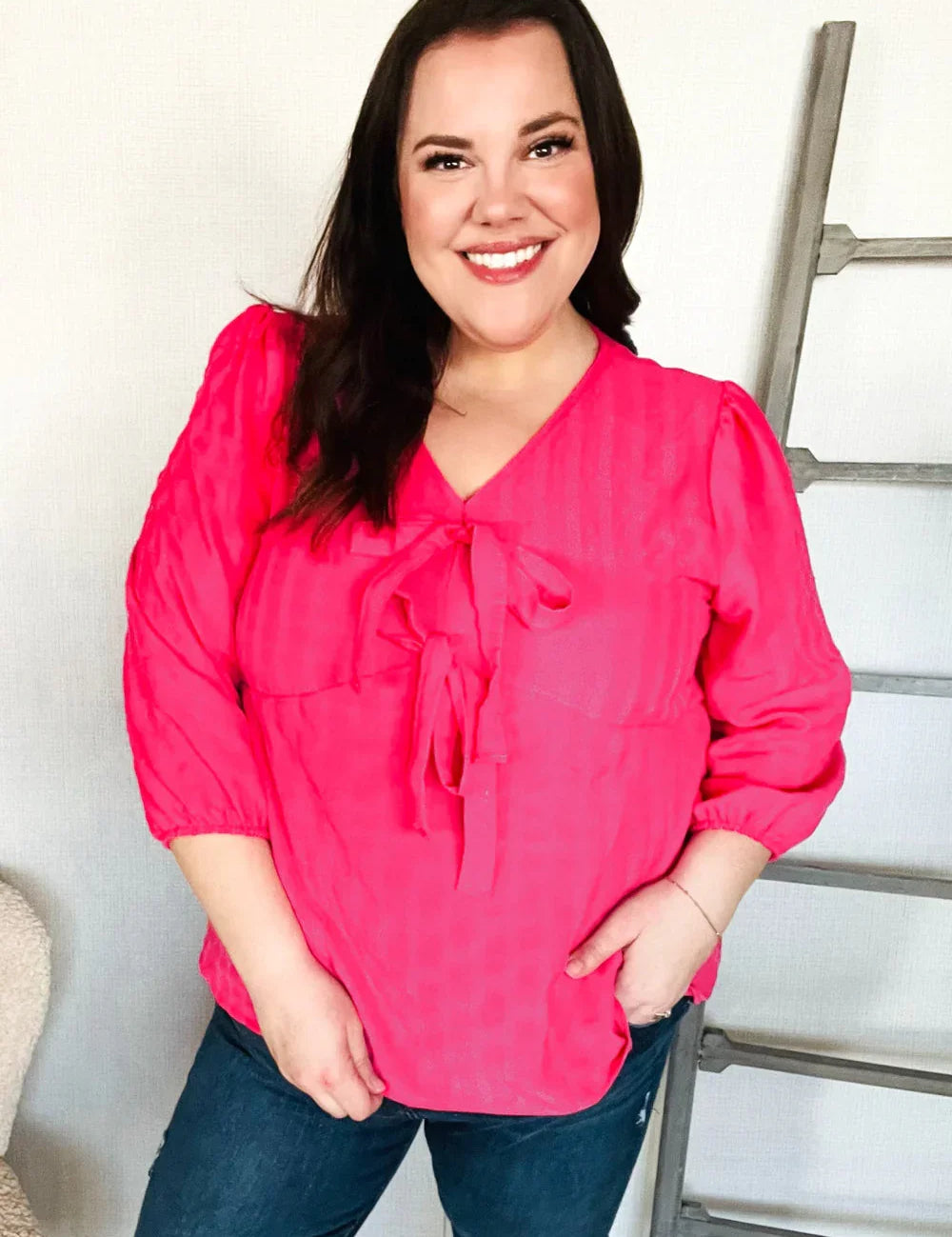 Stay With Me Pink V Neck Ribbon Bow Babydoll Woven Blouse | Daverri Fashions