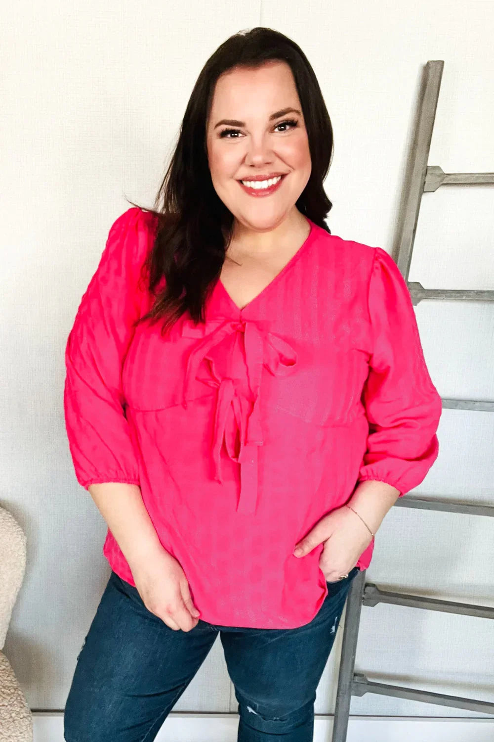 Stay With Me Pink V Neck Ribbon Bow Babydoll Woven Blouse | Daverri Fashions