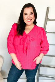 Stay With Me Pink V Neck Ribbon Bow Babydoll Woven Blouse | Daverri Fashions