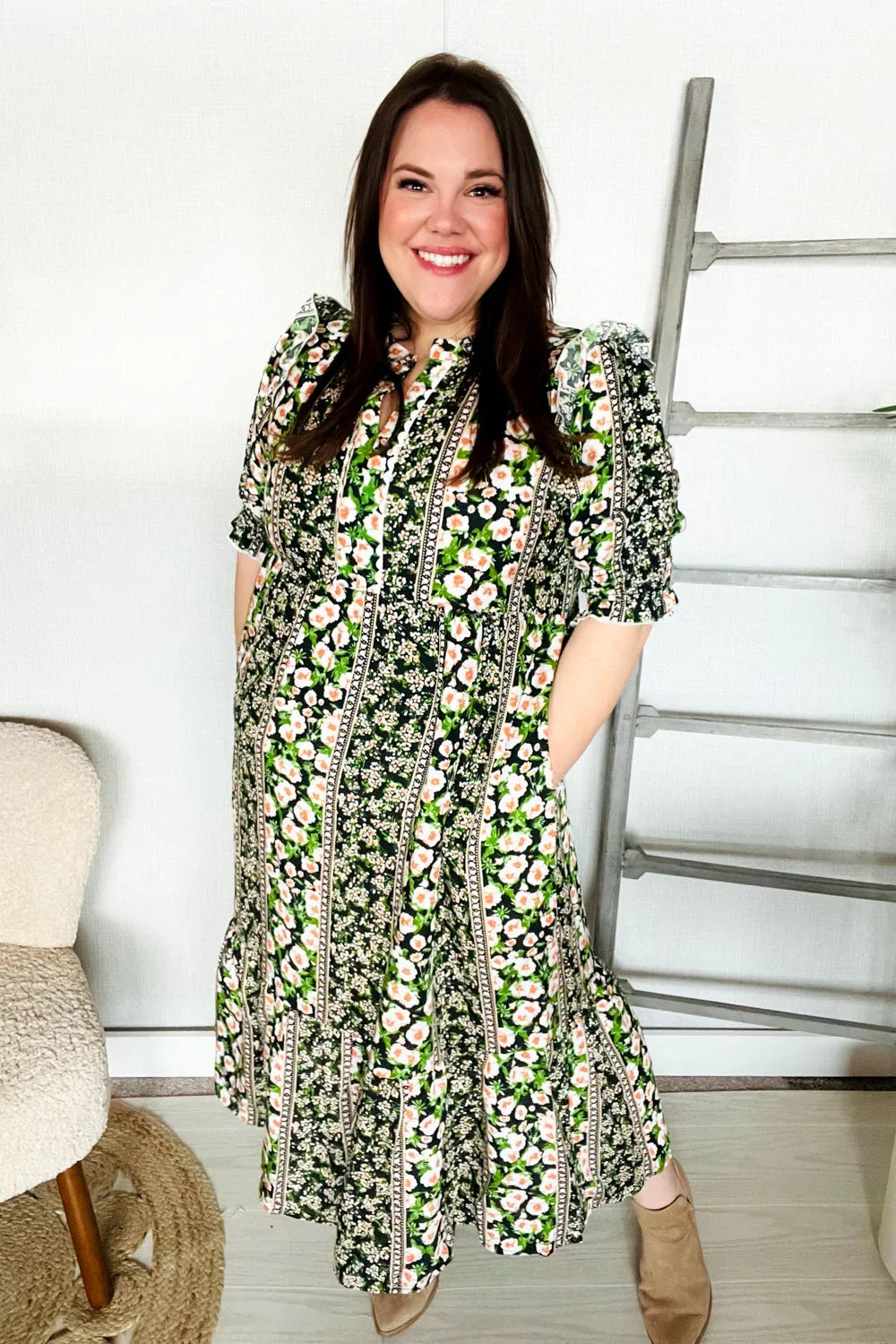 Hello Beautiful Black & Green Ruffled Notch Neck Babydoll Smocked Midi Dress | Daverri Fashions