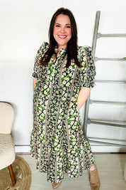 Hello Beautiful Black & Green Ruffled Notch Neck Babydoll Smocked Midi Dress | Daverri Fashions