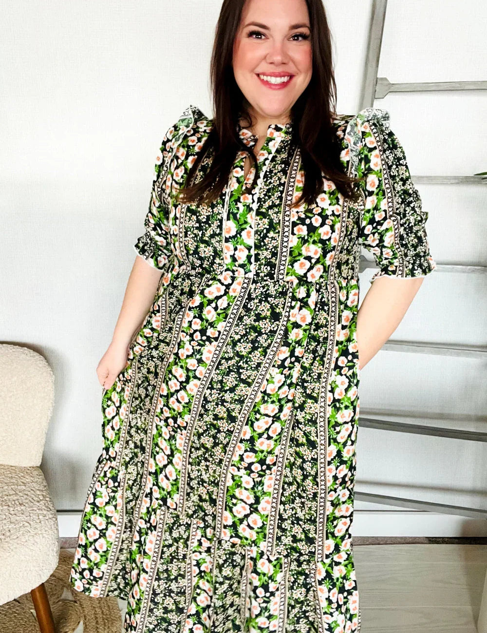 Hello Beautiful Black & Green Ruffled Notch Neck Babydoll Smocked Midi Dress | Daverri Fashions