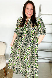 Hello Beautiful Black & Green Ruffled Notch Neck Babydoll Smocked Midi Dress | Daverri Fashions