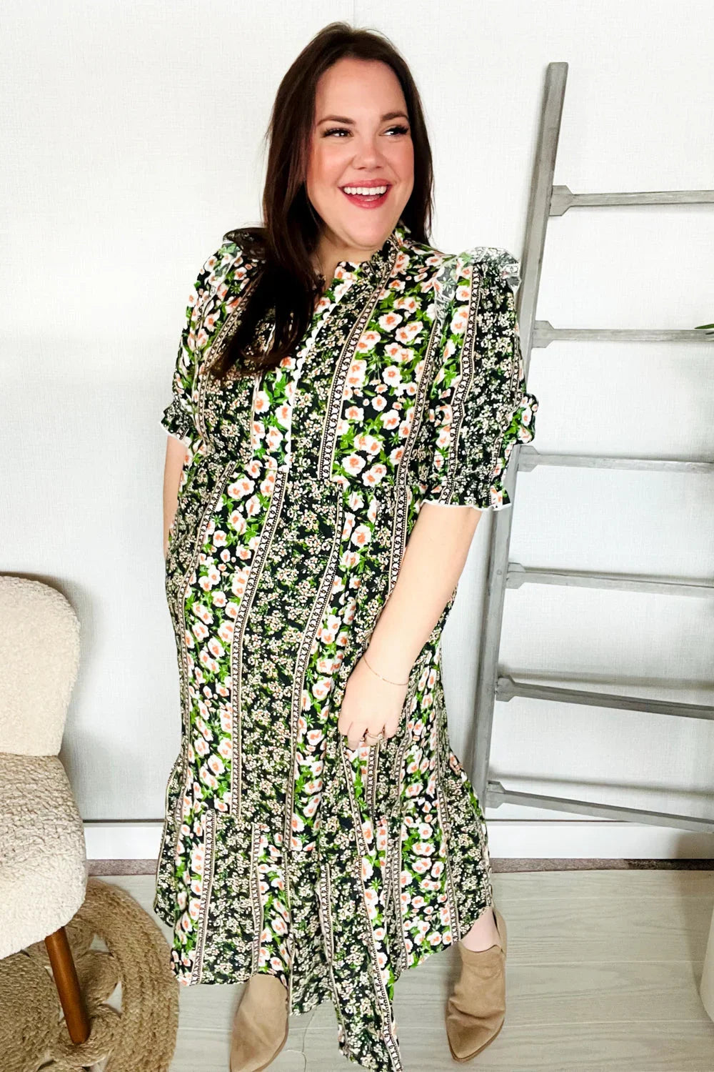 Hello Beautiful Black & Green Ruffled Notch Neck Babydoll Smocked Midi Dress | Daverri Fashions