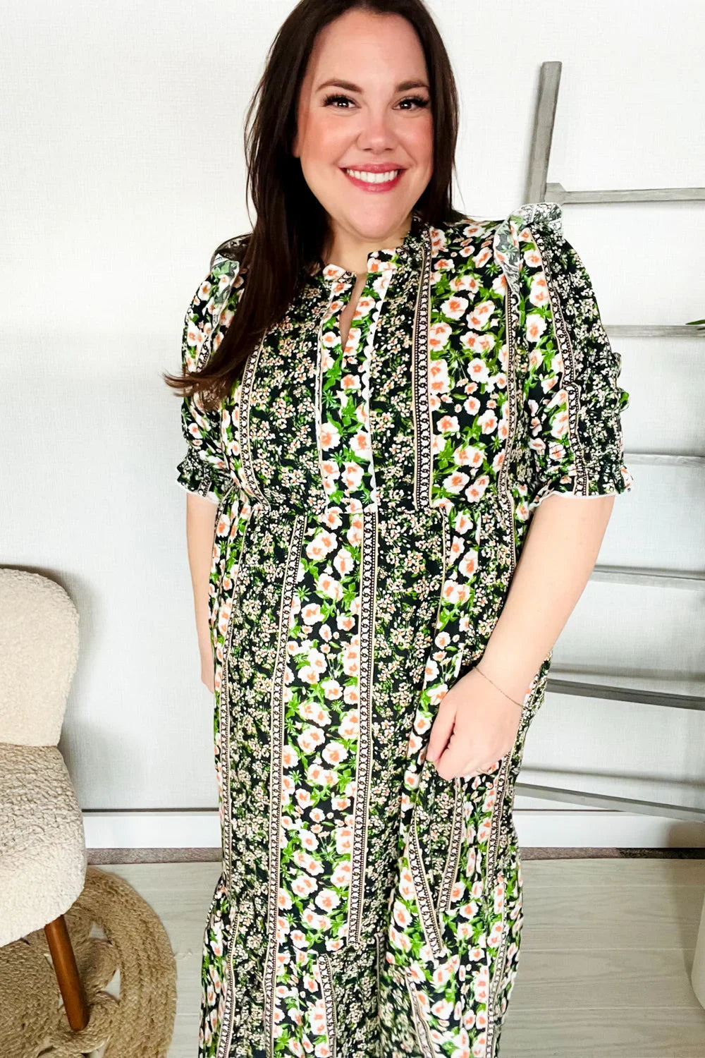 Hello Beautiful Black & Green Ruffled Notch Neck Babydoll Smocked Midi Dress | Daverri Fashions