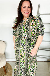 Hello Beautiful Black & Green Ruffled Notch Neck Babydoll Smocked Midi Dress | Daverri Fashions