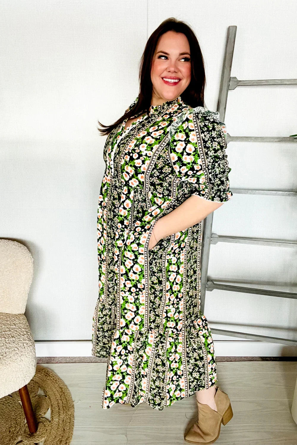 Hello Beautiful Black & Green Ruffled Notch Neck Babydoll Smocked Midi Dress | Daverri Fashions