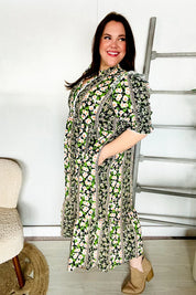 Hello Beautiful Black & Green Ruffled Notch Neck Babydoll Smocked Midi Dress | Daverri Fashions