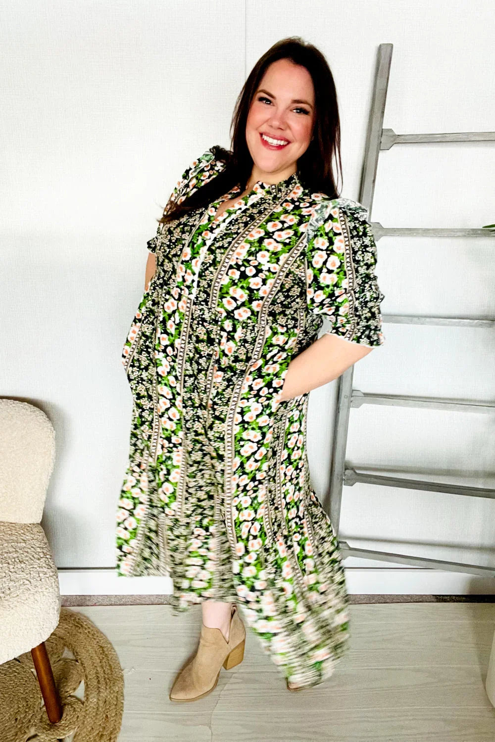 Hello Beautiful Black & Green Ruffled Notch Neck Babydoll Smocked Midi Dress | Daverri Fashions