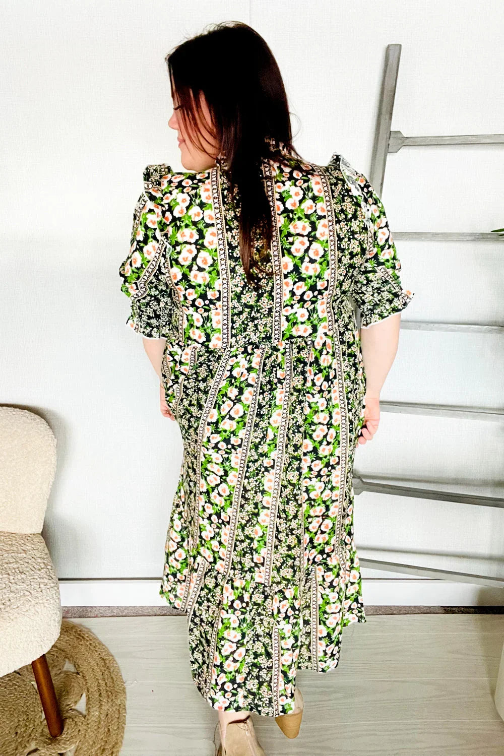 Hello Beautiful Black & Green Ruffled Notch Neck Babydoll Smocked Midi Dress | Daverri Fashions