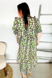 Hello Beautiful Black & Green Ruffled Notch Neck Babydoll Smocked Midi Dress | Daverri Fashions