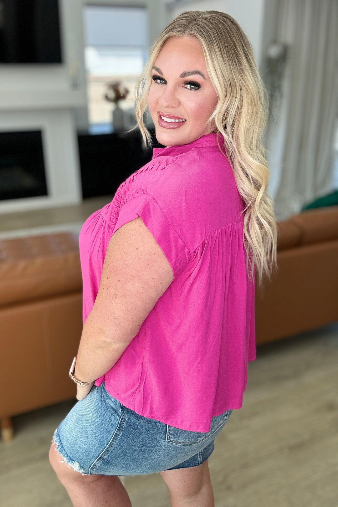 Pleat Detail Button Up Blouse in Hot Pink Shirts & Tops