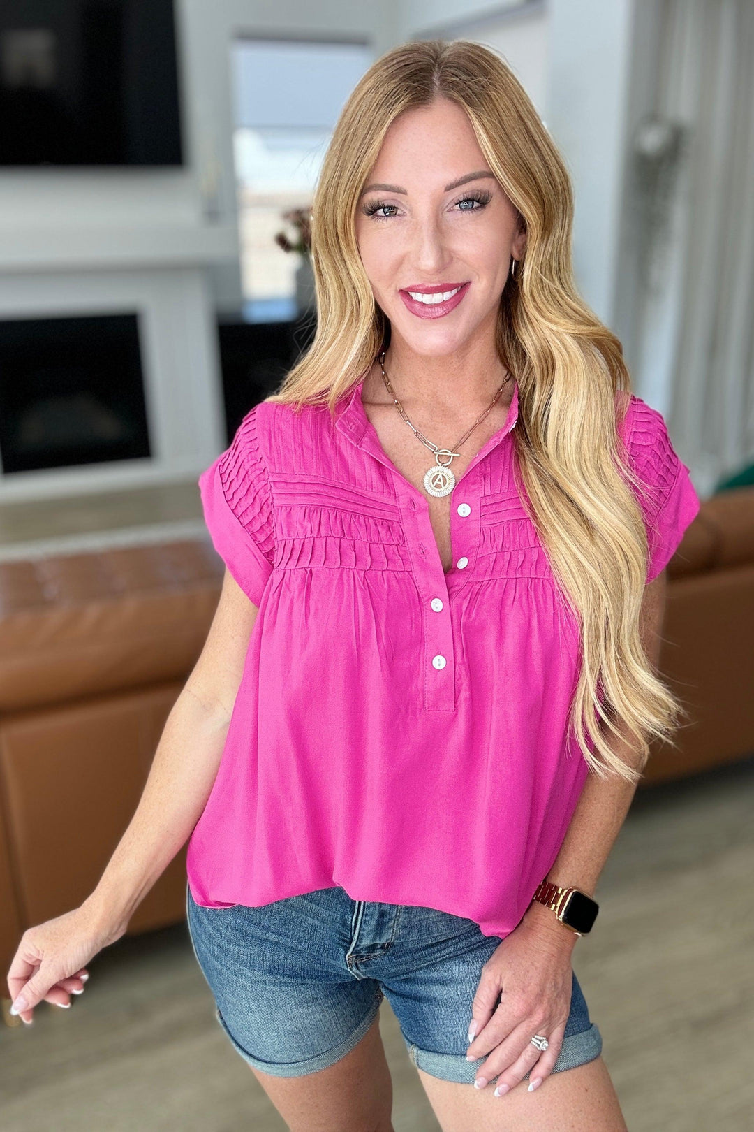 Pleat Detail Button Up Blouse in Hot Pink Shirts & Tops