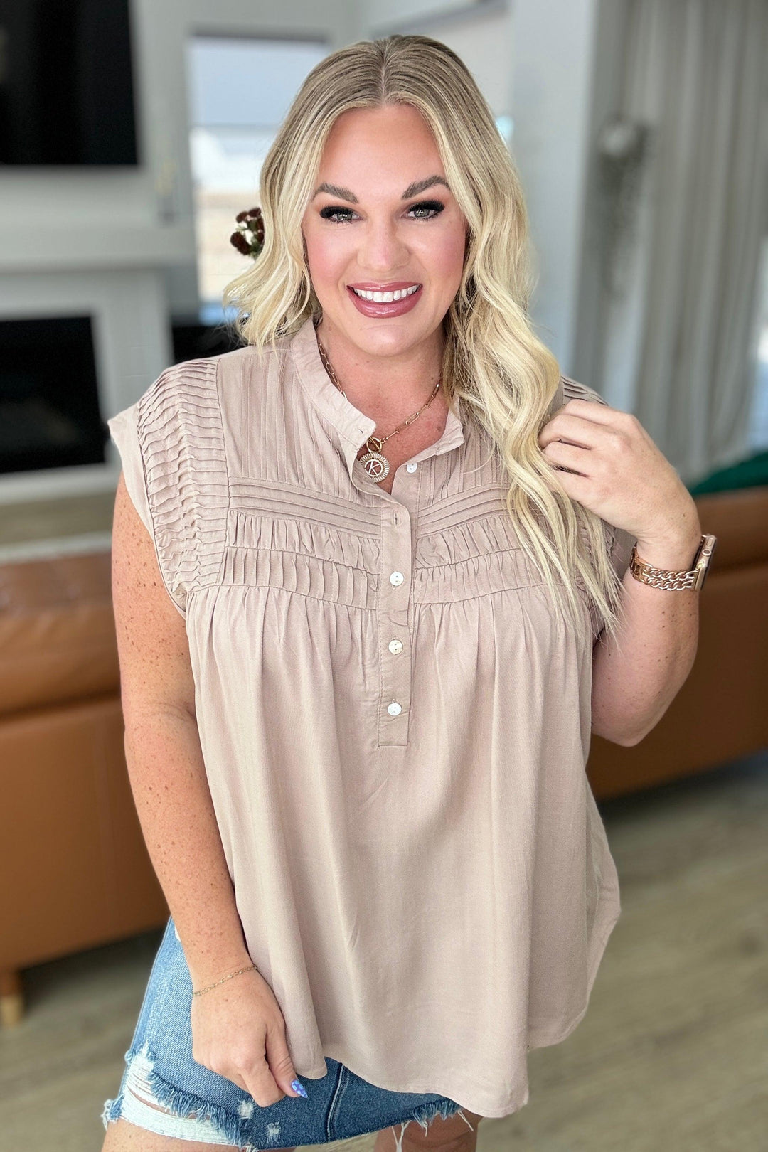 Pleat Detail Button Up Blouse in Taupe Taupe Shirts & Tops