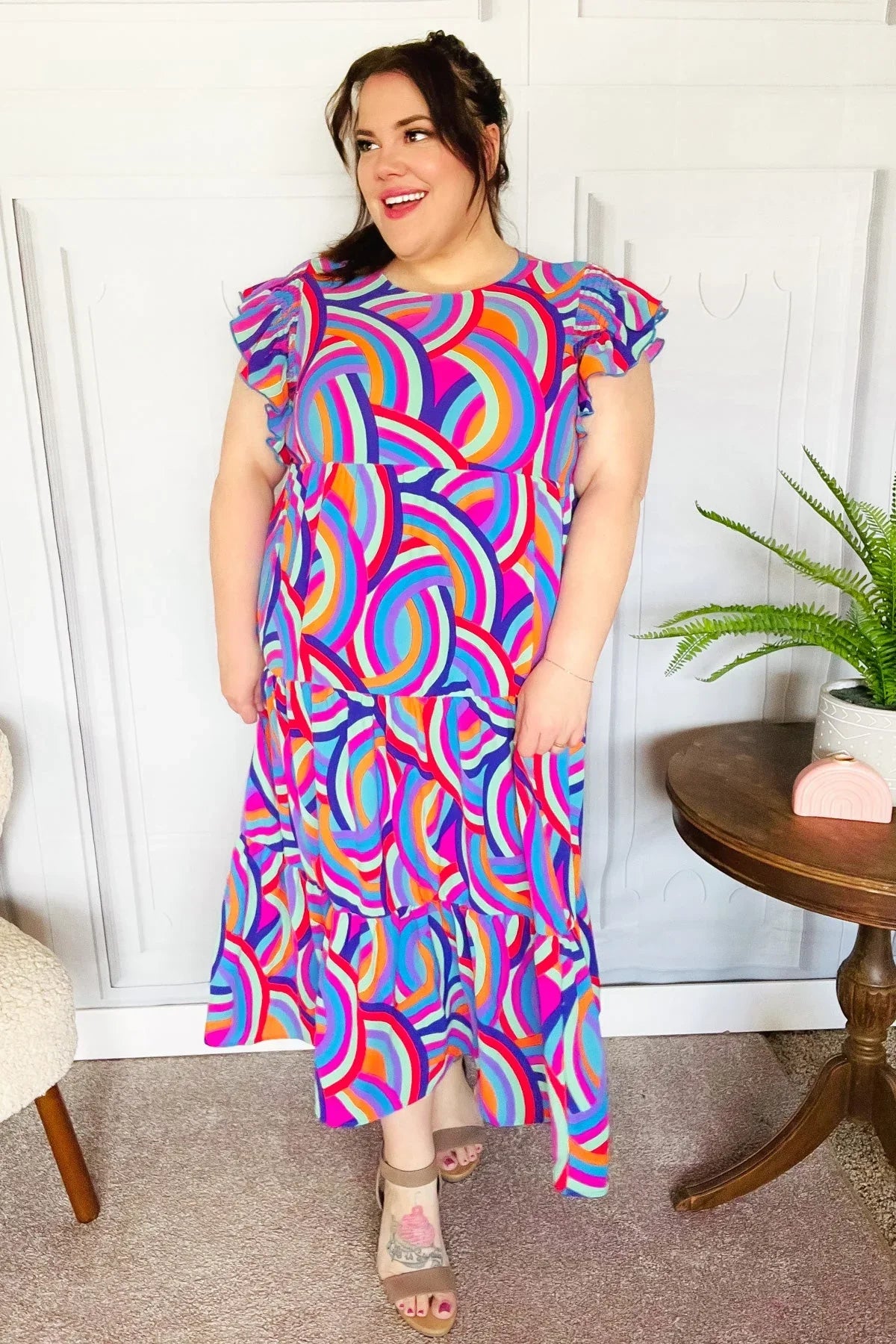 Feel Your Best Purple Abstract Print Smocked Ruffle Sleeve Maxi Dress | 07-01-25 Summer Sale Daverri Fashions