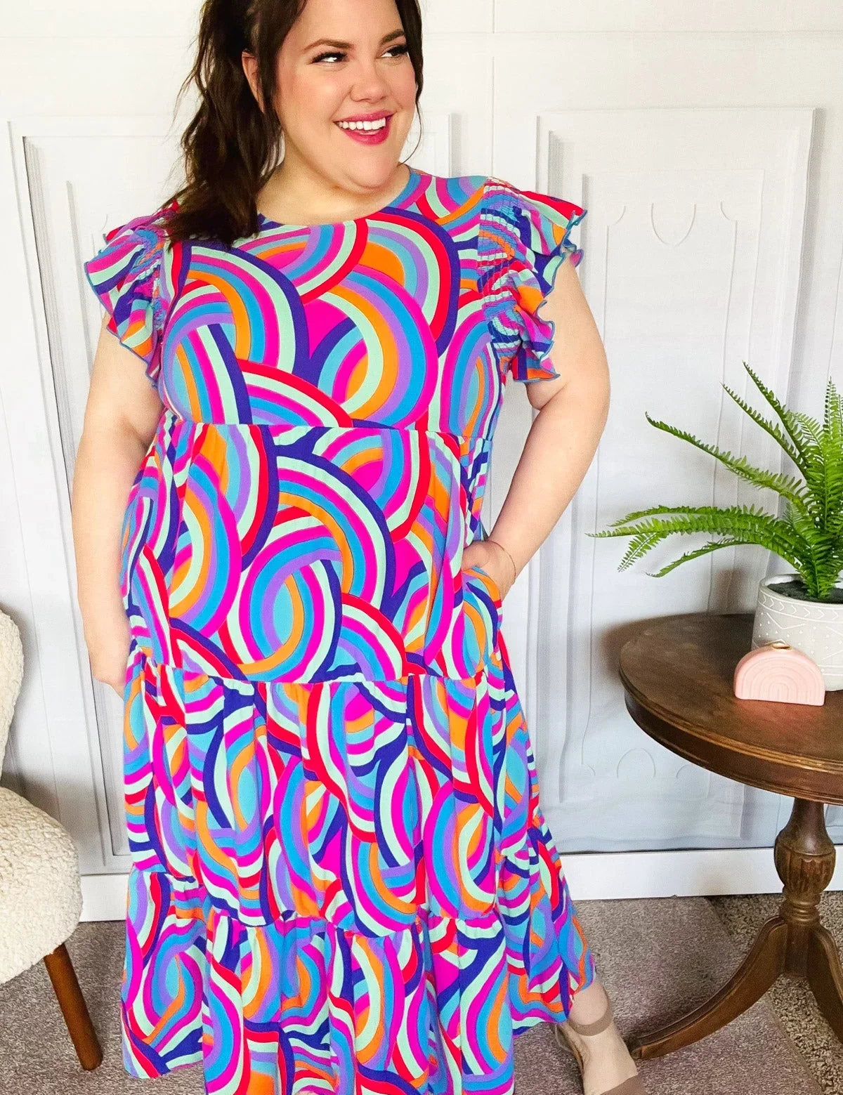 Feel Your Best Purple Abstract Print Smocked Ruffle Sleeve Maxi Dress | 07-01-25 Summer Sale Daverri Fashions