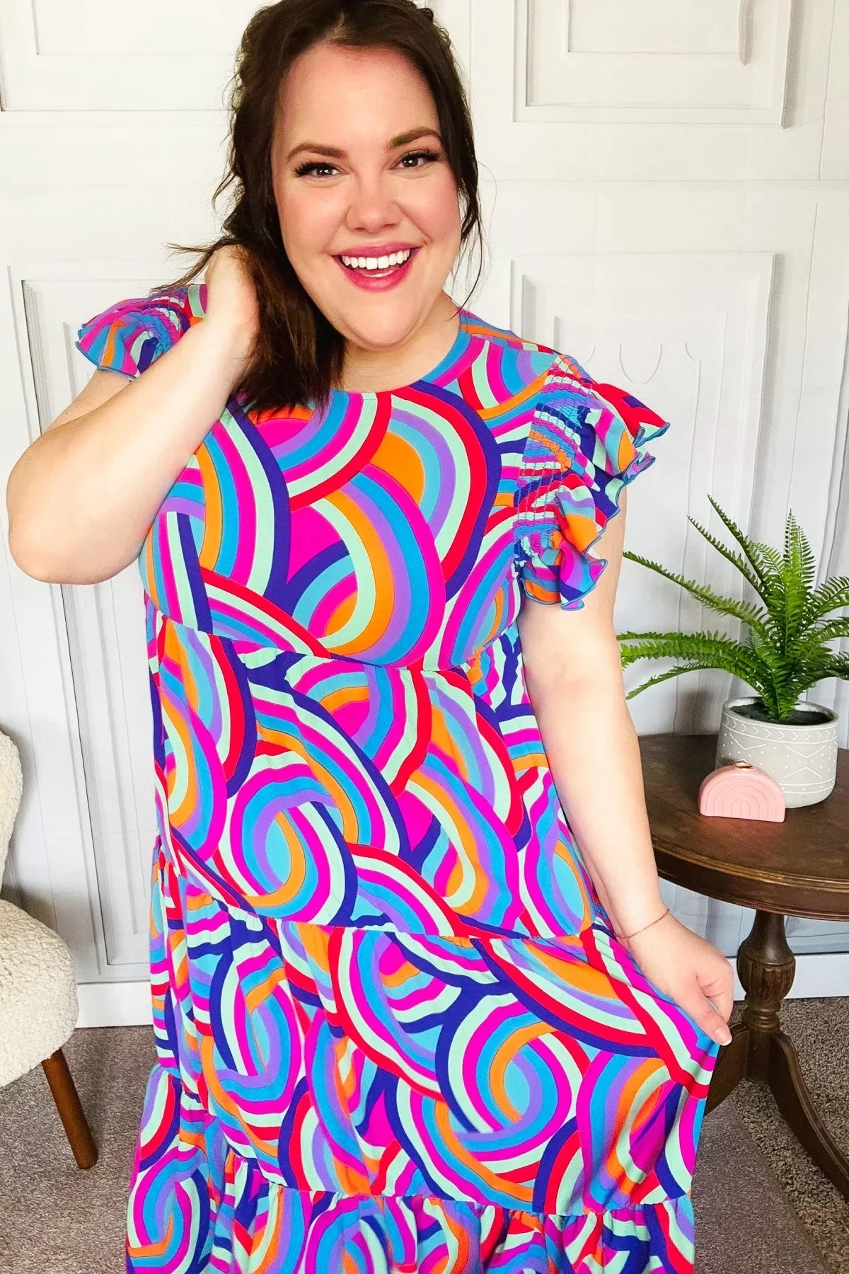 Feel Your Best Purple Abstract Print Smocked Ruffle Sleeve Maxi Dress | 07-01-25 Summer Sale Daverri Fashions