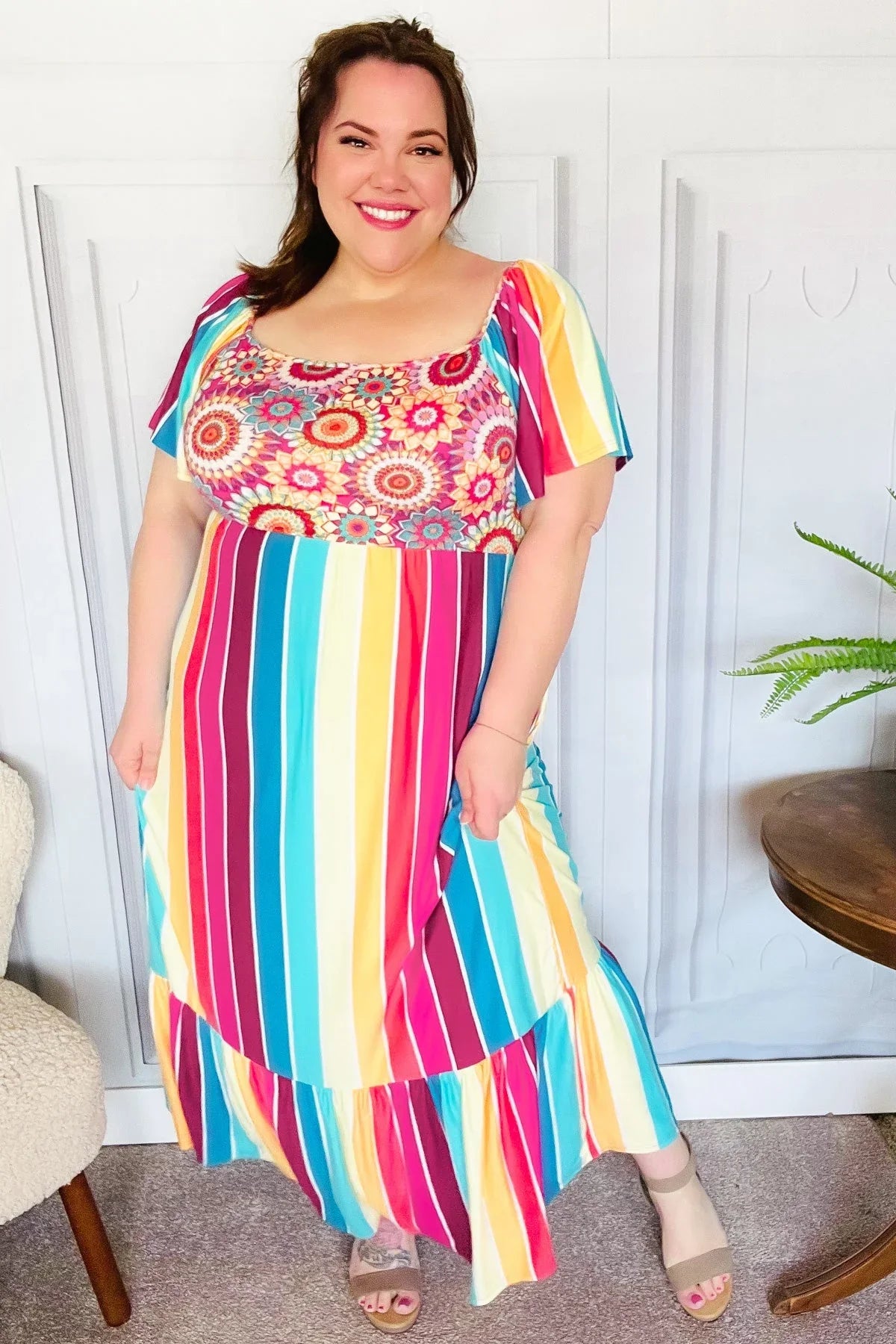 Feeling Bold Fuchsia & Teal Striped Medallion Crochet Print Dress | 07-01-25 Summer Sale Daverri Fashions