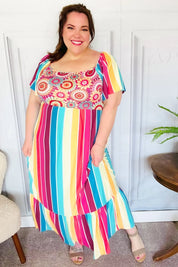 Feeling Bold Fuchsia & Teal Striped Medallion Crochet Print Dress | 07-01-25 Summer Sale Daverri Fashions