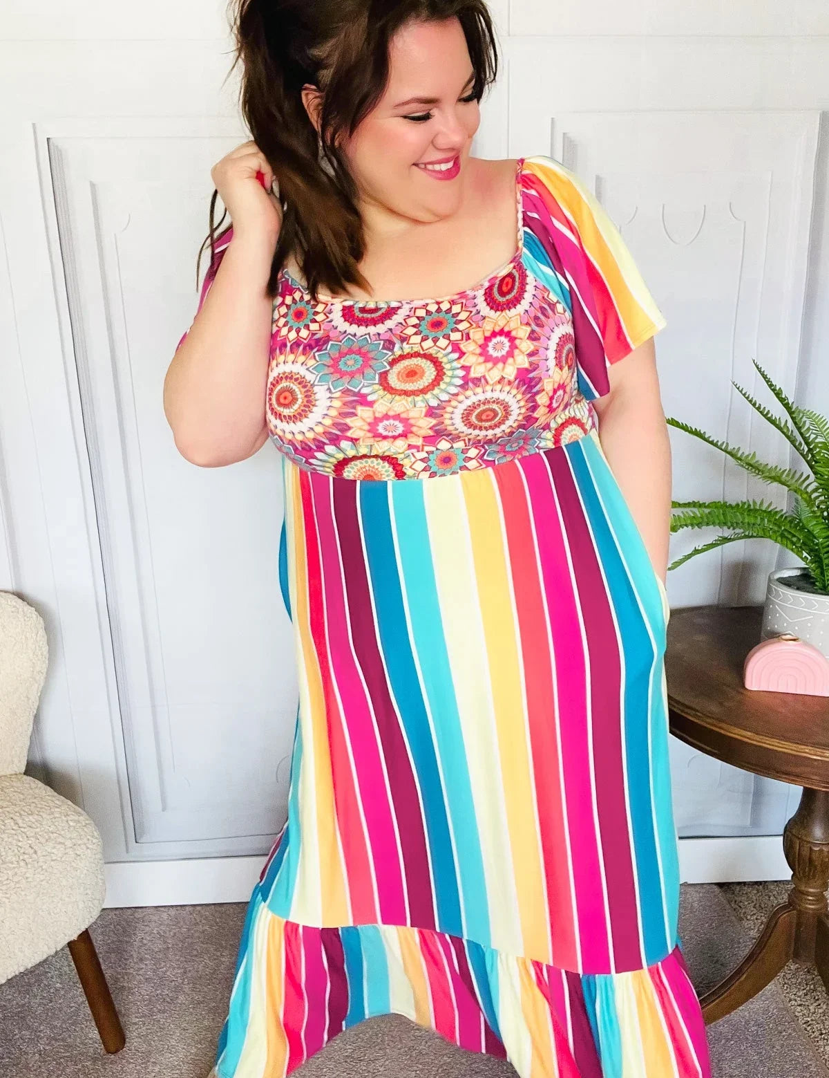 Feeling Bold Fuchsia & Teal Striped Medallion Crochet Print Dress | 07-01-25 Summer Sale Daverri Fashions
