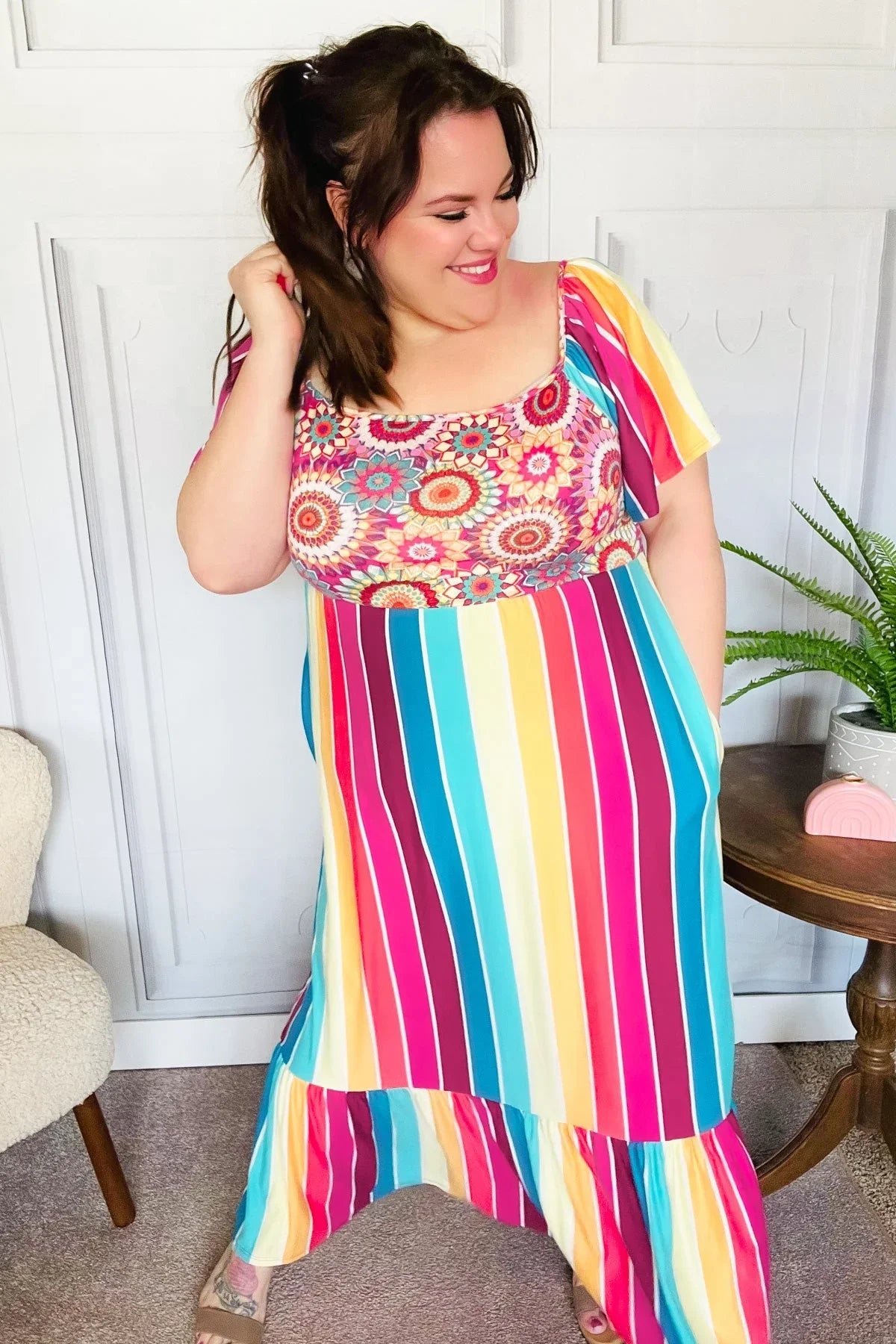 Feeling Bold Fuchsia & Teal Striped Medallion Crochet Print Dress | 07-01-25 Summer Sale Daverri Fashions