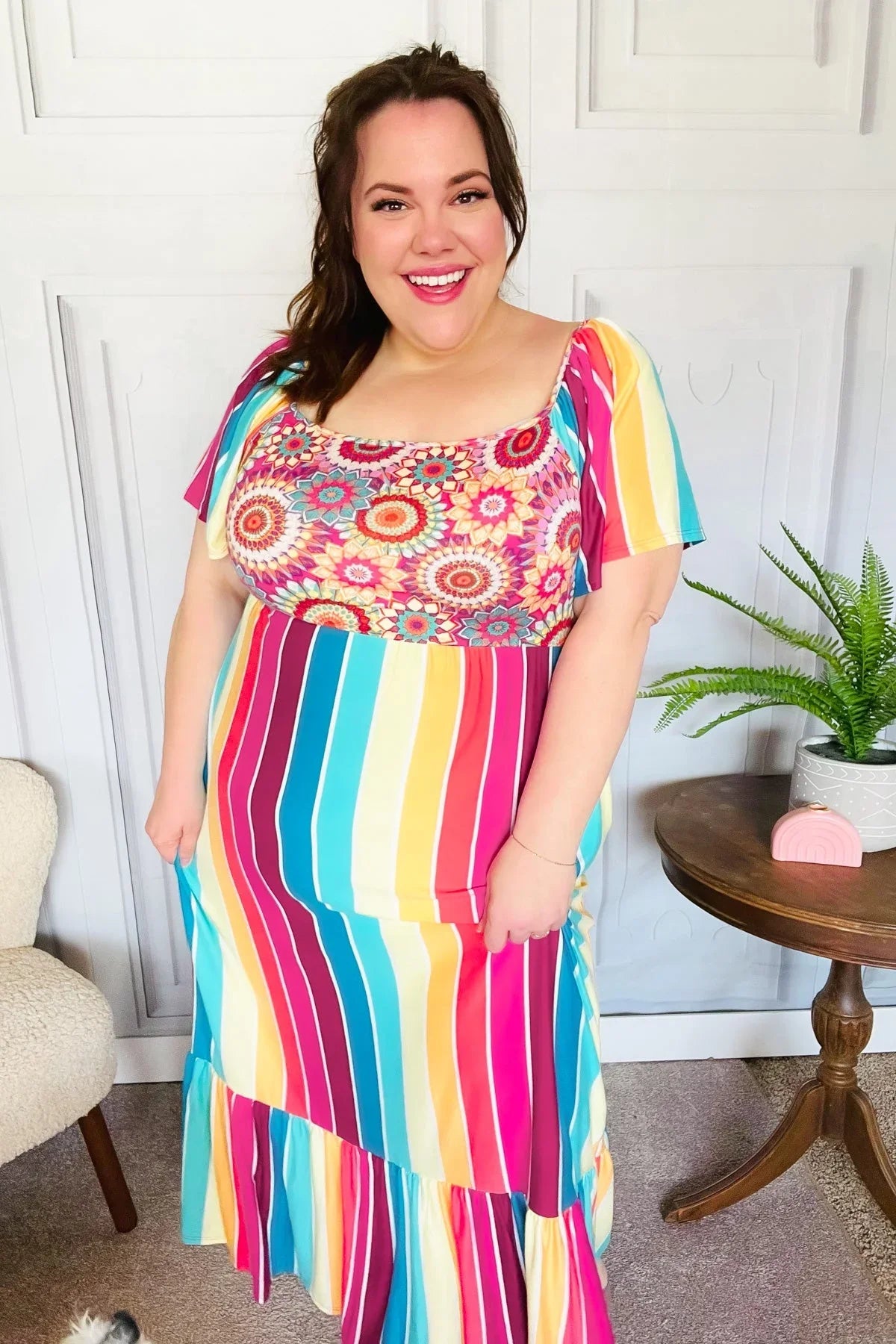 Feeling Bold Fuchsia & Teal Striped Medallion Crochet Print Dress | 07-01-25 Summer Sale Daverri Fashions