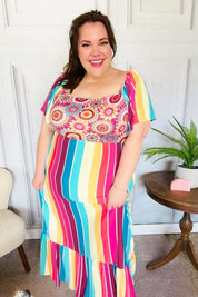 Feeling Bold Fuchsia & Teal Striped Medallion Crochet Print Dress | 07-01-25 Summer Sale Daverri Fashions