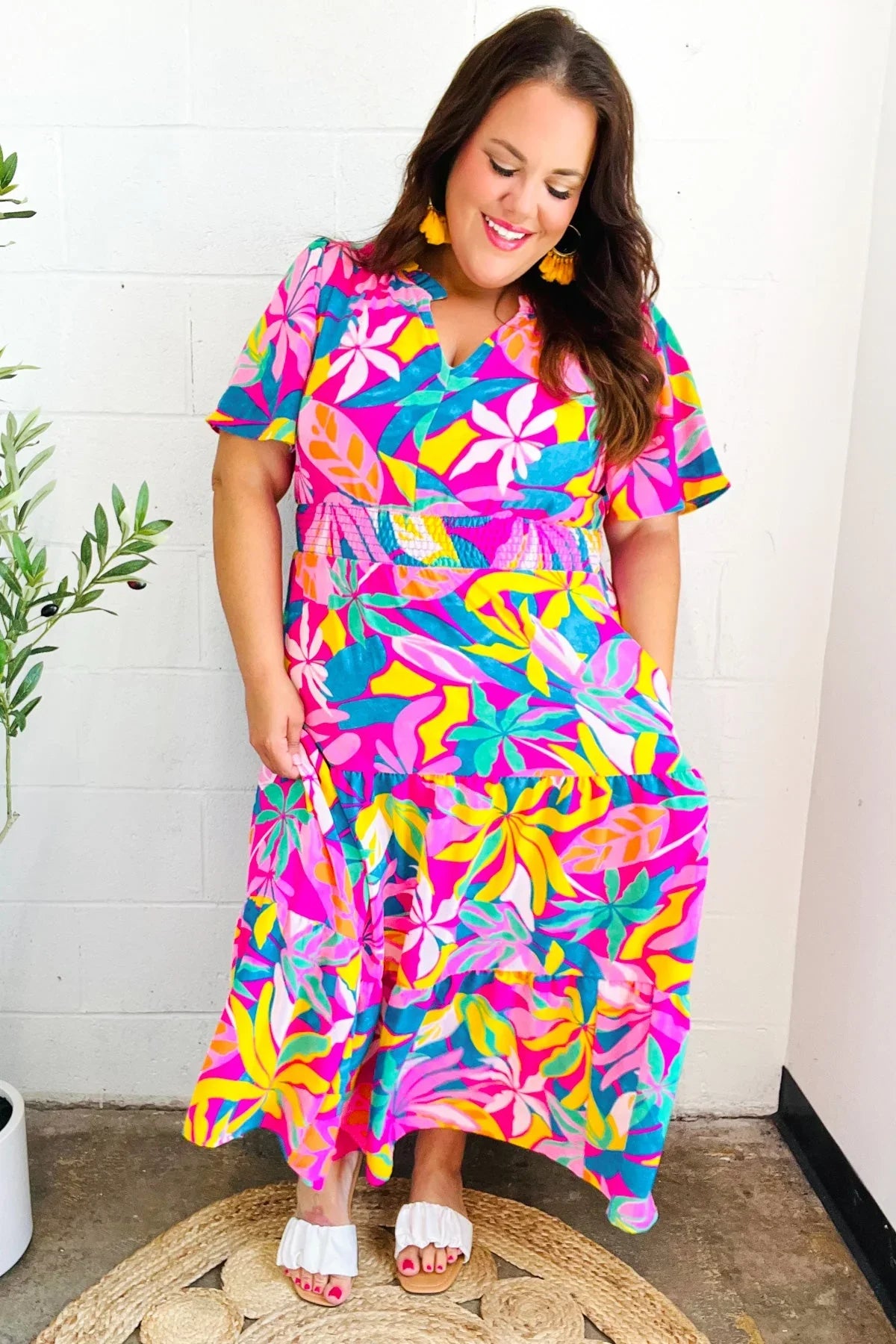 Tropical Trance Fuchsia Floral Smocked Waist Maxi Dress | Daverri Fashions