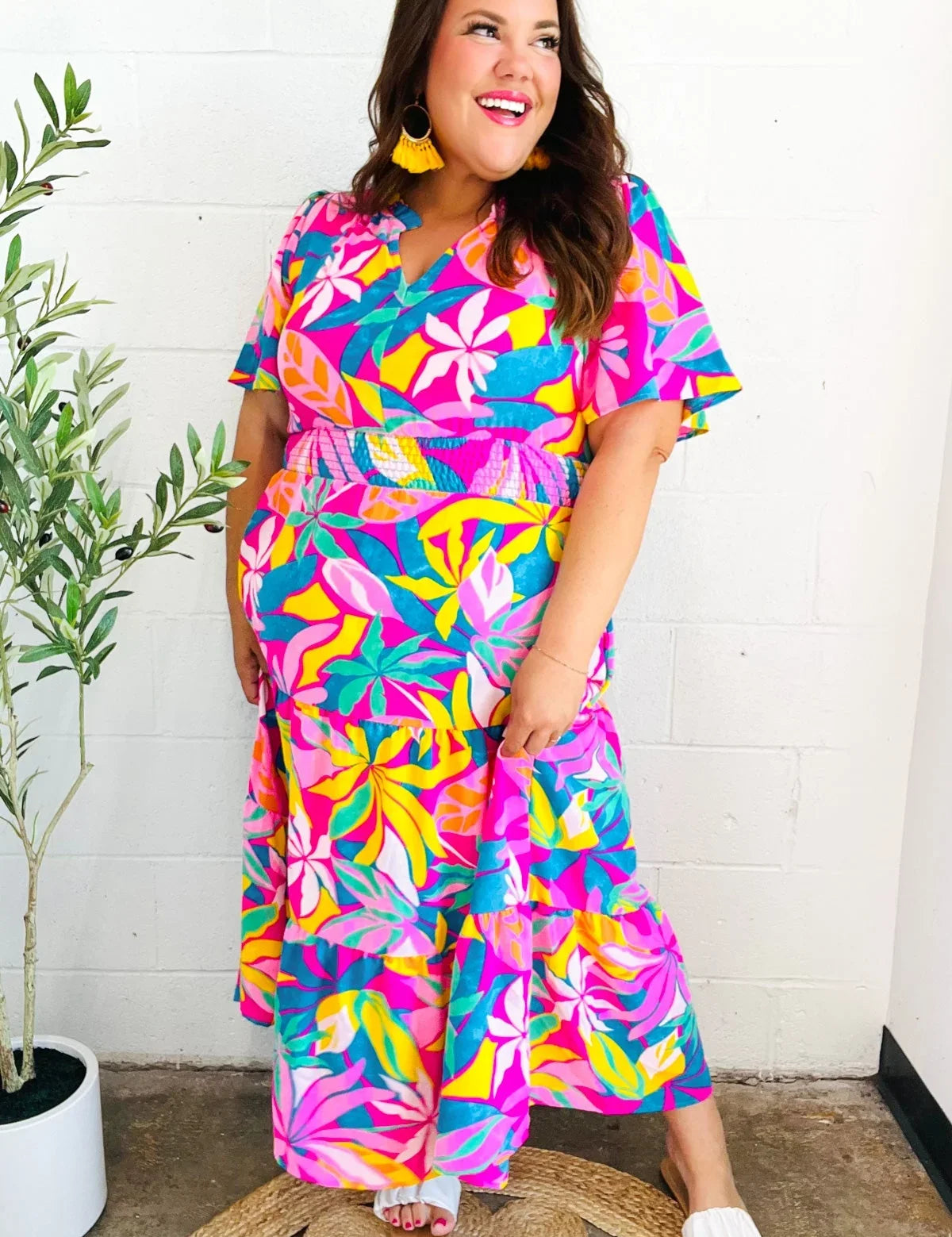 Tropical Trance Fuchsia Floral Smocked Waist Maxi Dress | Daverri Fashions