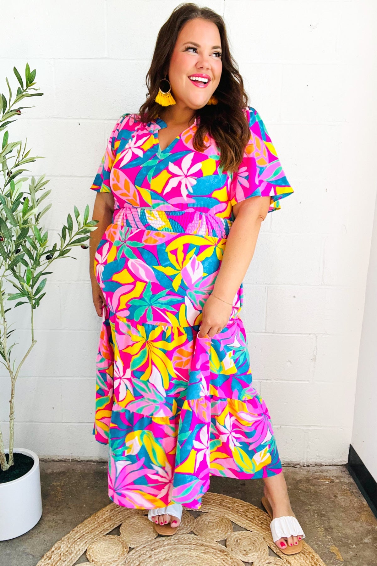 Vibrant plus-size Tropical Trance fuchsia floral maxi dress with ruffles