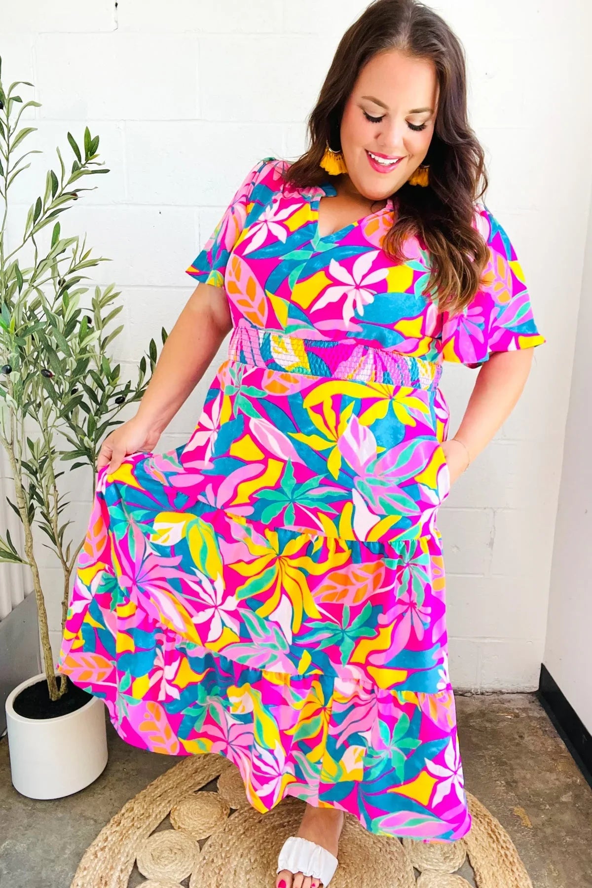Tropical Trance Fuchsia Floral Smocked Waist Maxi Dress | Daverri Fashions