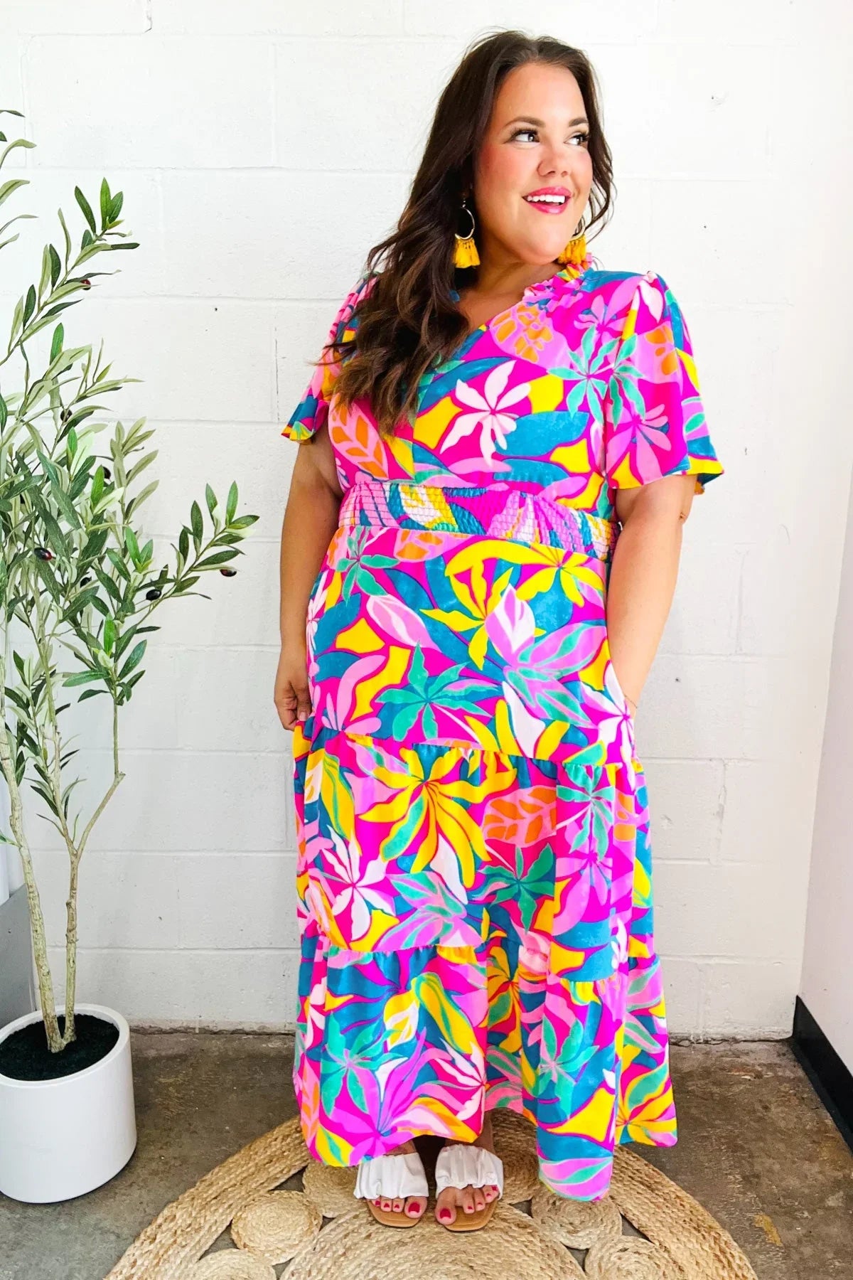 Tropical Trance Fuchsia Floral Smocked Waist Maxi Dress | Daverri Fashions