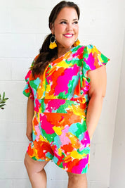 Neon floral plus size romper with ruffled sleeves and pockets