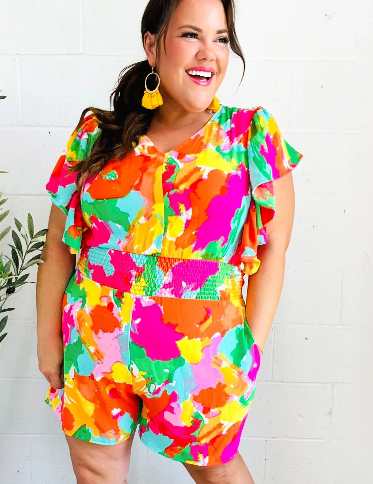 Under The Sun Abstract Floral Smocked Waist V Neck Flutter Sleeve Romper | 2024 Blow-Out Sale Daverri Fashions