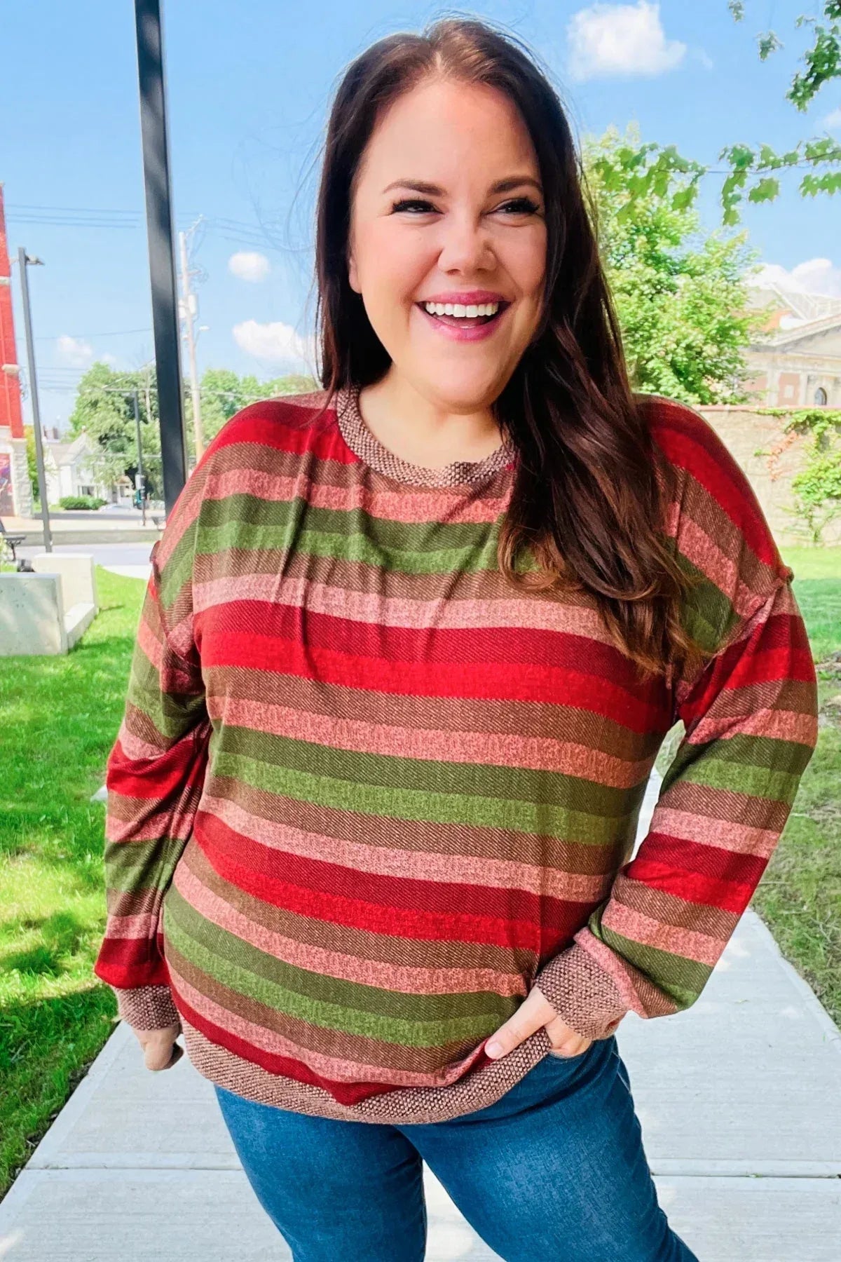 Perfectly You Olive & Mauve Stripe Two-Tone Banded Sweater Top - DAVERRI FASHIONS