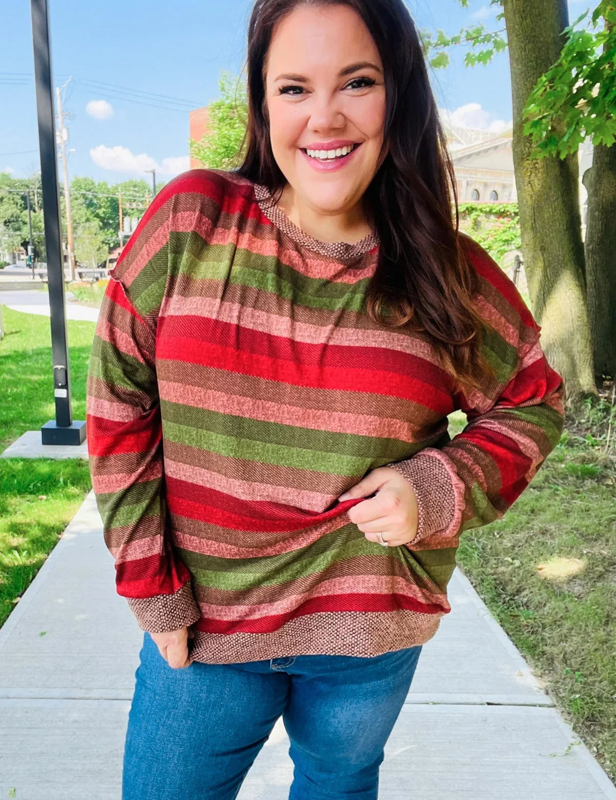 Perfectly You Olive & Mauve Stripe Two-Tone Banded Sweater Top | Daverri Fashions