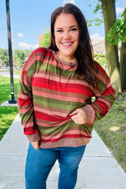 Perfectly You Olive & Mauve Stripe Two-Tone Banded Sweater Top | Daverri Fashions