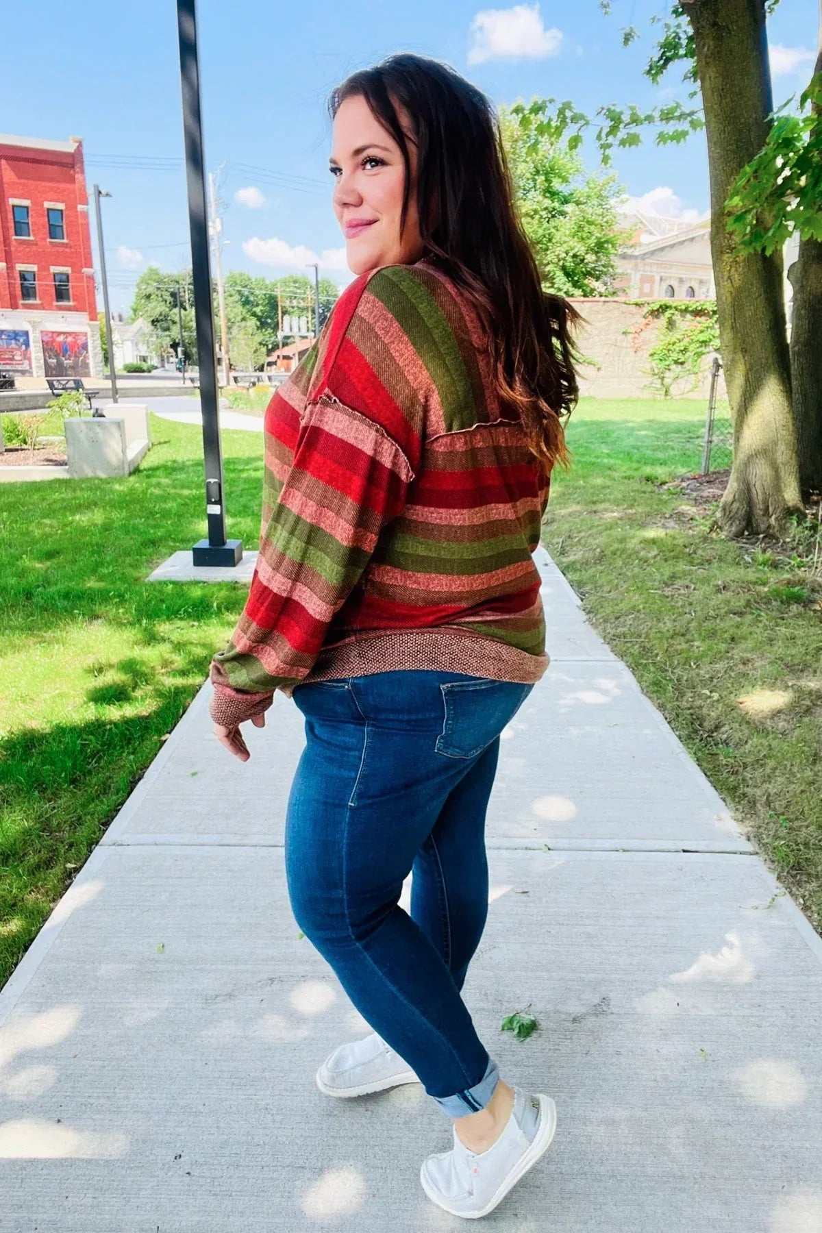 Perfectly You Olive & Mauve Stripe Two-Tone Banded Sweater Top - DAVERRI FASHIONS