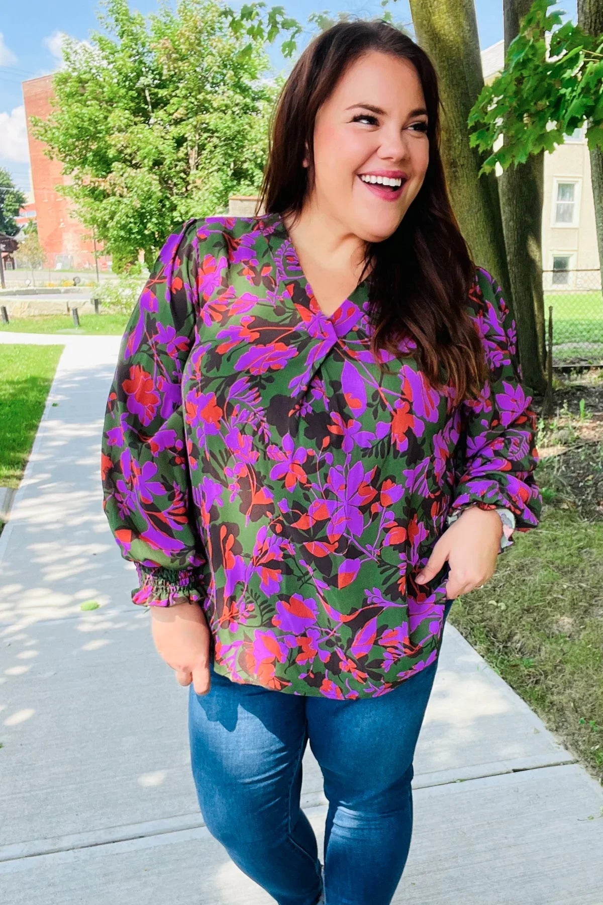 Eyes On You Forest Green Floral Smocked Bubble Sleeve V Neck Top | Daverri Fashions