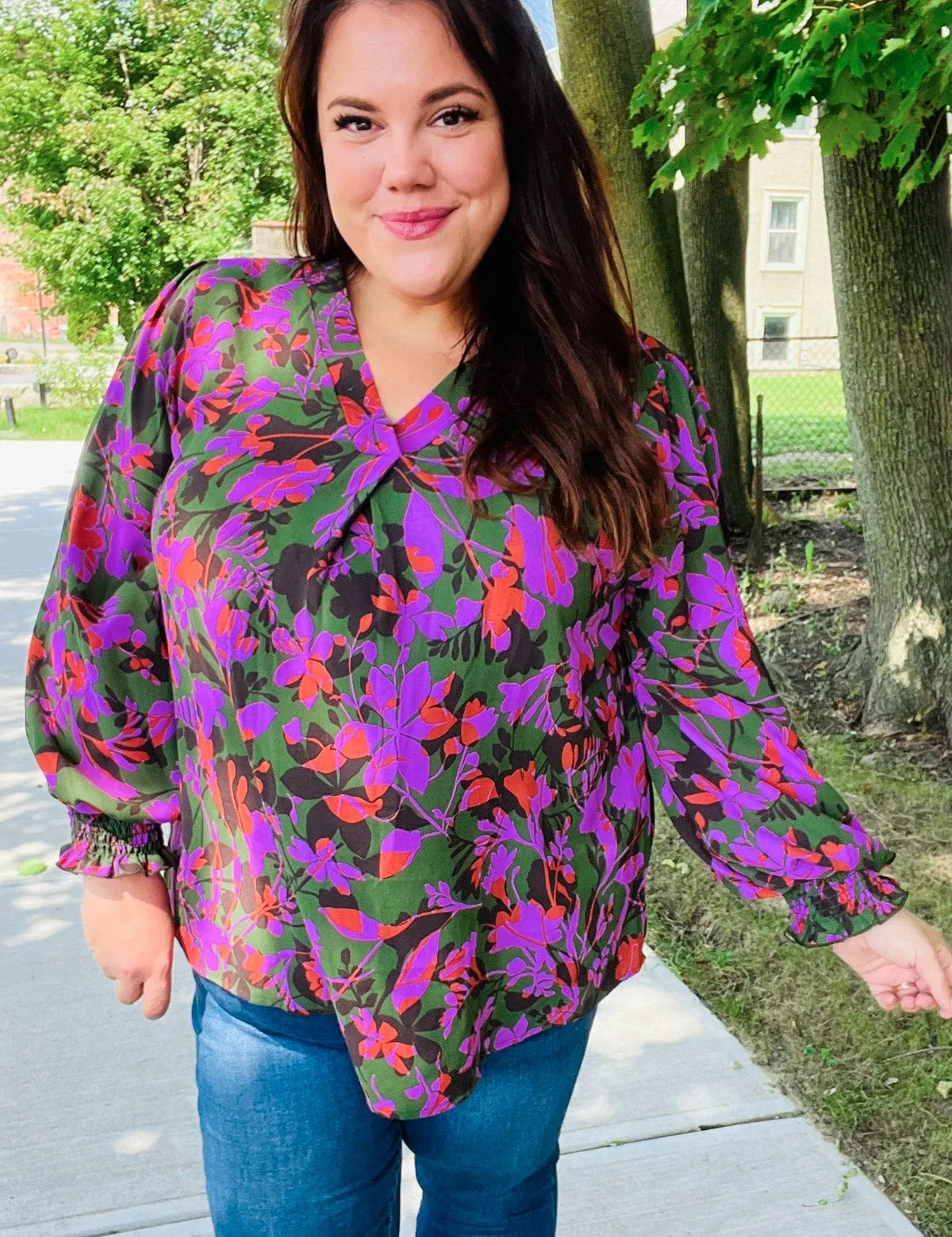 Eyes On You Forest Green Floral Smocked Bubble Sleeve V Neck Top | Daverri Fashions