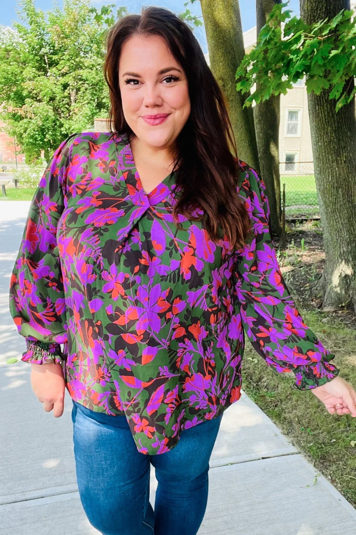 Eyes On You Forest Green Floral Smocked Bubble Sleeve V Neck Top | Daverri Fashions