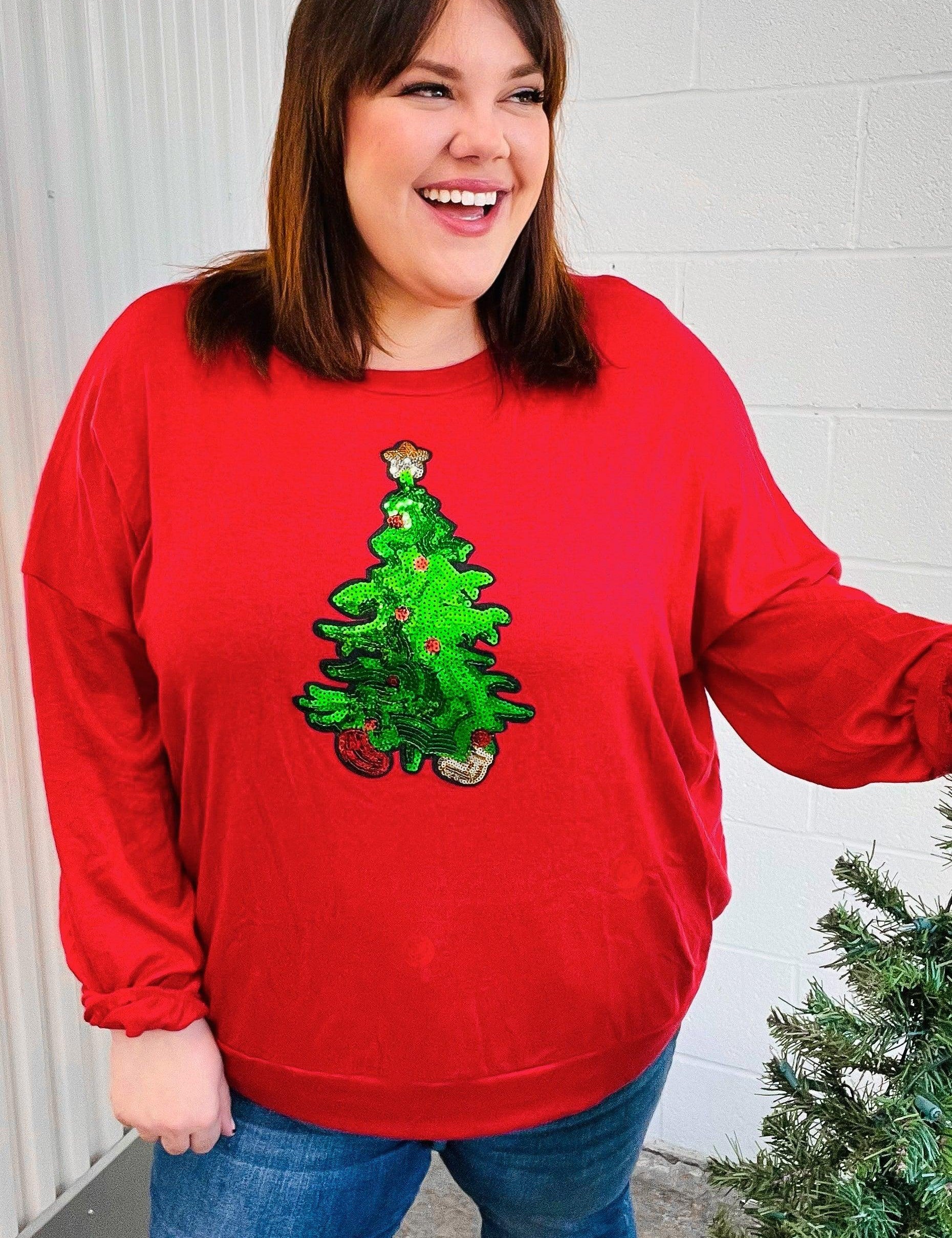 More The Merrier Red Sequin Christmas Tree Hacci Top | Daverri Fashions