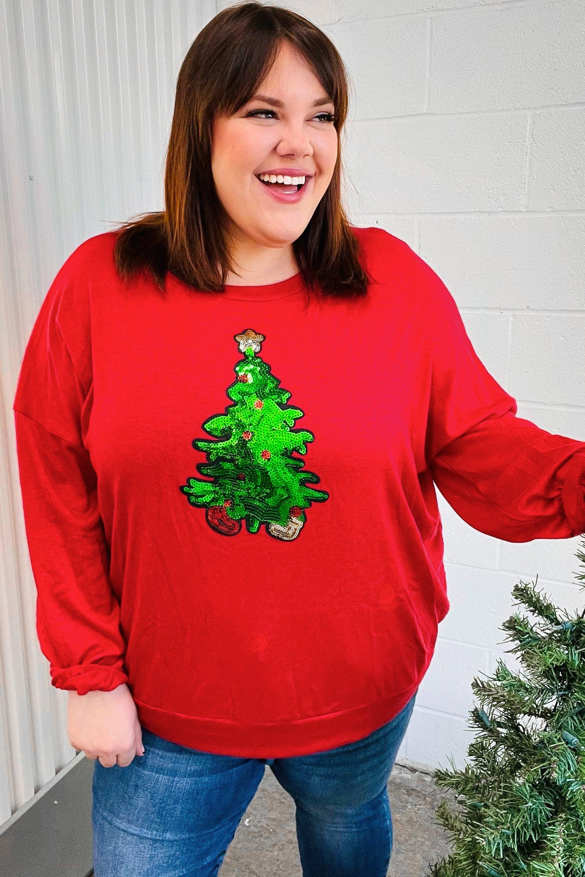 More The Merrier Red Sequin Christmas Tree Hacci Top | Daverri Fashions