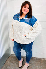 Good Vibes Denim & Ivory Patchwork Sherpa Half Zip Pullover | 2024 Blow-Out Sale Daverri Fashions