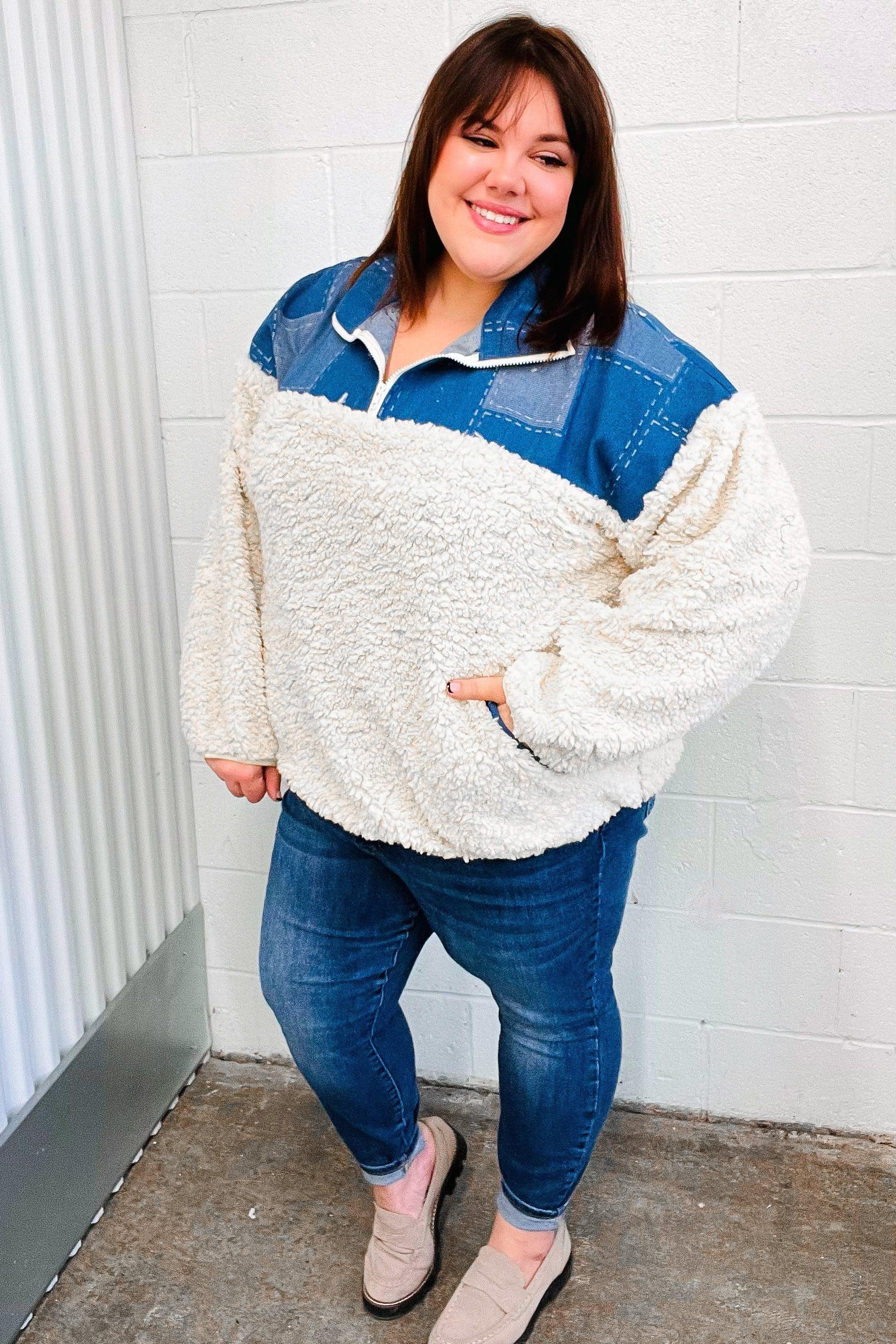 Good Vibes Denim & Ivory Patchwork Sherpa Half Zip Pullover | 2024 Blow-Out Sale Daverri Fashions
