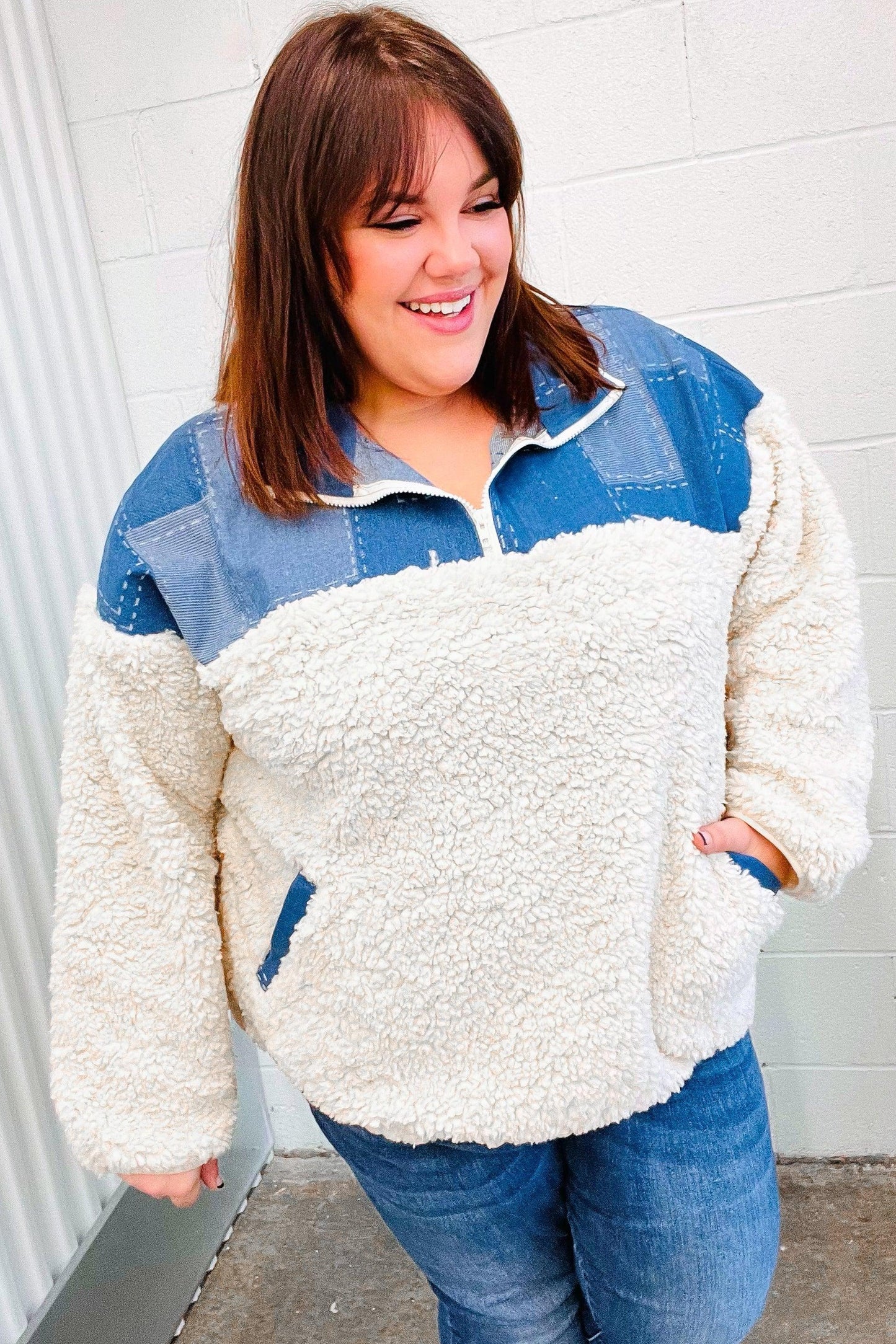 Good Vibes Denim & Ivory Patchwork Sherpa Half Zip Pullover - DAVERRI FASHIONS