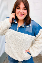 Good Vibes Denim & Ivory Patchwork Sherpa Half Zip Pullover | 2024 Blow-Out Sale Daverri Fashions