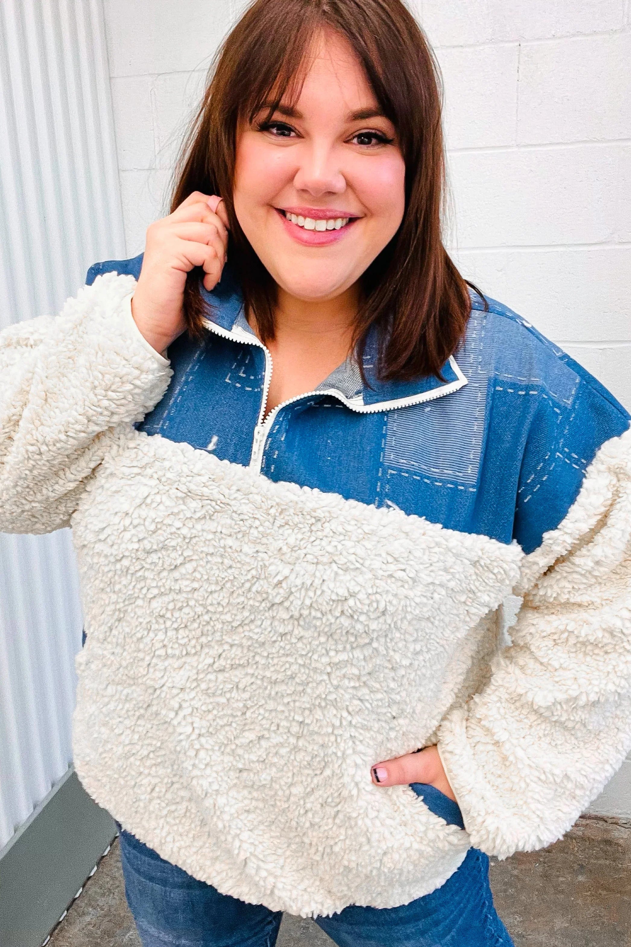 Good Vibes Denim & Ivory Patchwork Sherpa Half Zip Pullover | 2024 Blow-Out Sale Daverri Fashions