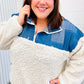 Good Vibes Denim & Ivory Patchwork Sherpa Half Zip Pullover - DAVERRI FASHIONS