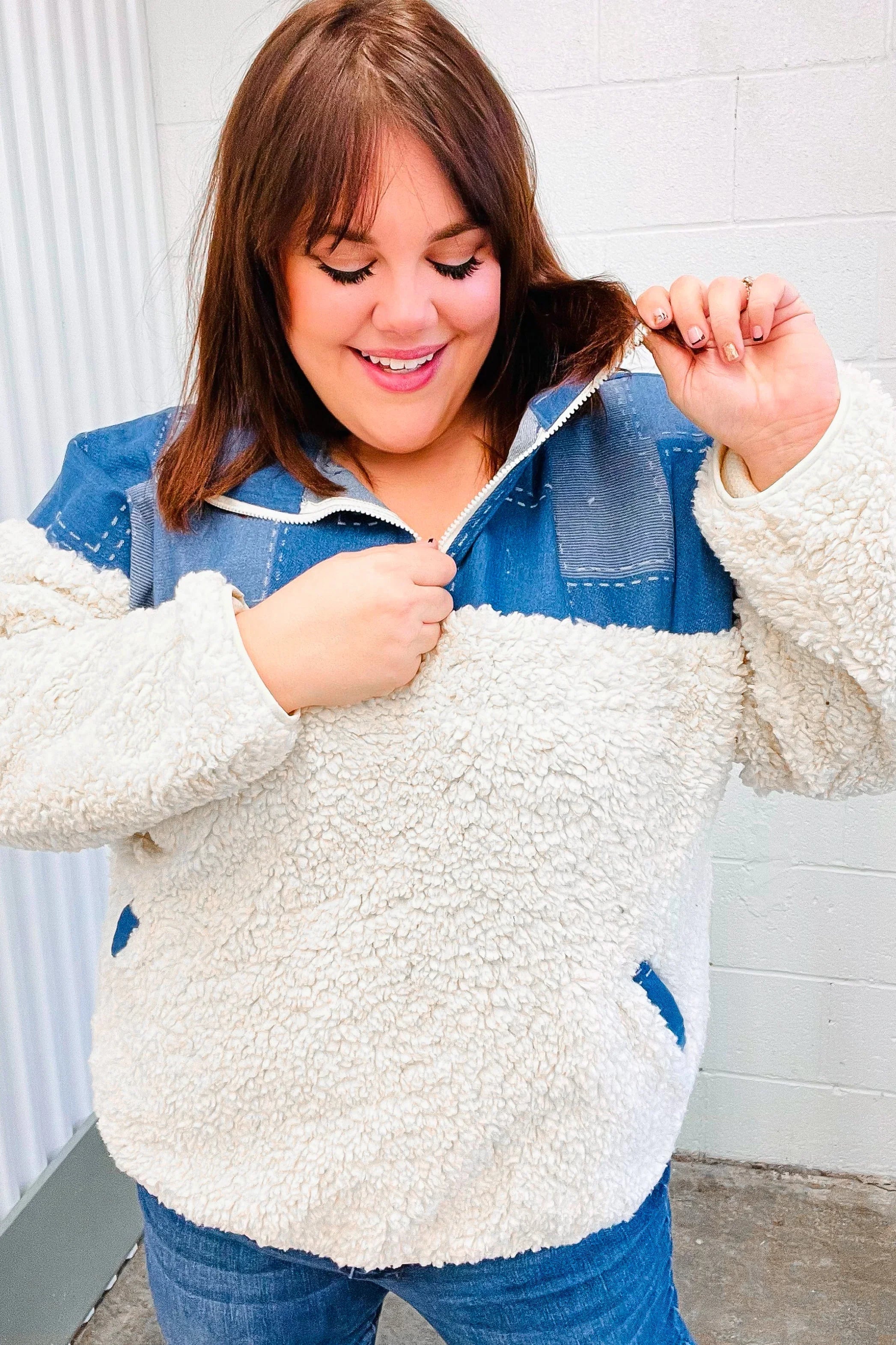 Good Vibes Denim & Ivory Patchwork Sherpa Half Zip Pullover | 2024 Blow-Out Sale Daverri Fashions